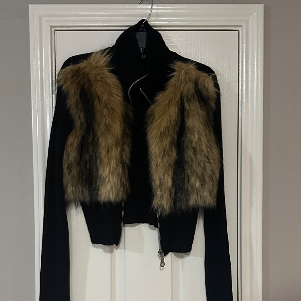 AKIRA Black Jacket with Brown Faux Fur Accents